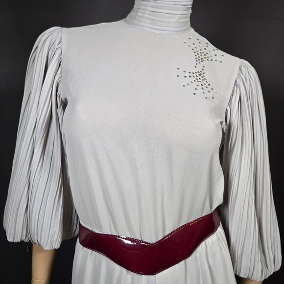 Vintage 80s Farouche Gray Chiffon belted Jumpsuit Size S Balloon Sleeves - Picture 7 of 16